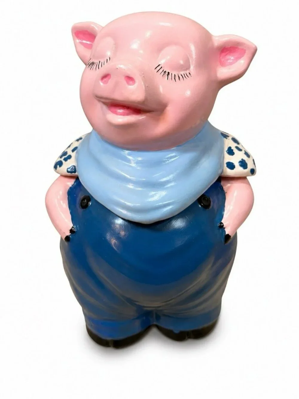 Vintage 1940's Shawnee Pottery Smiley Pink Pig Cookie Jar Blue Scarf Pants RARE